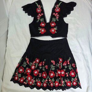 Anthropologie Black Red Floral Embroidered Matching Set Crop Top Skirt Size 8